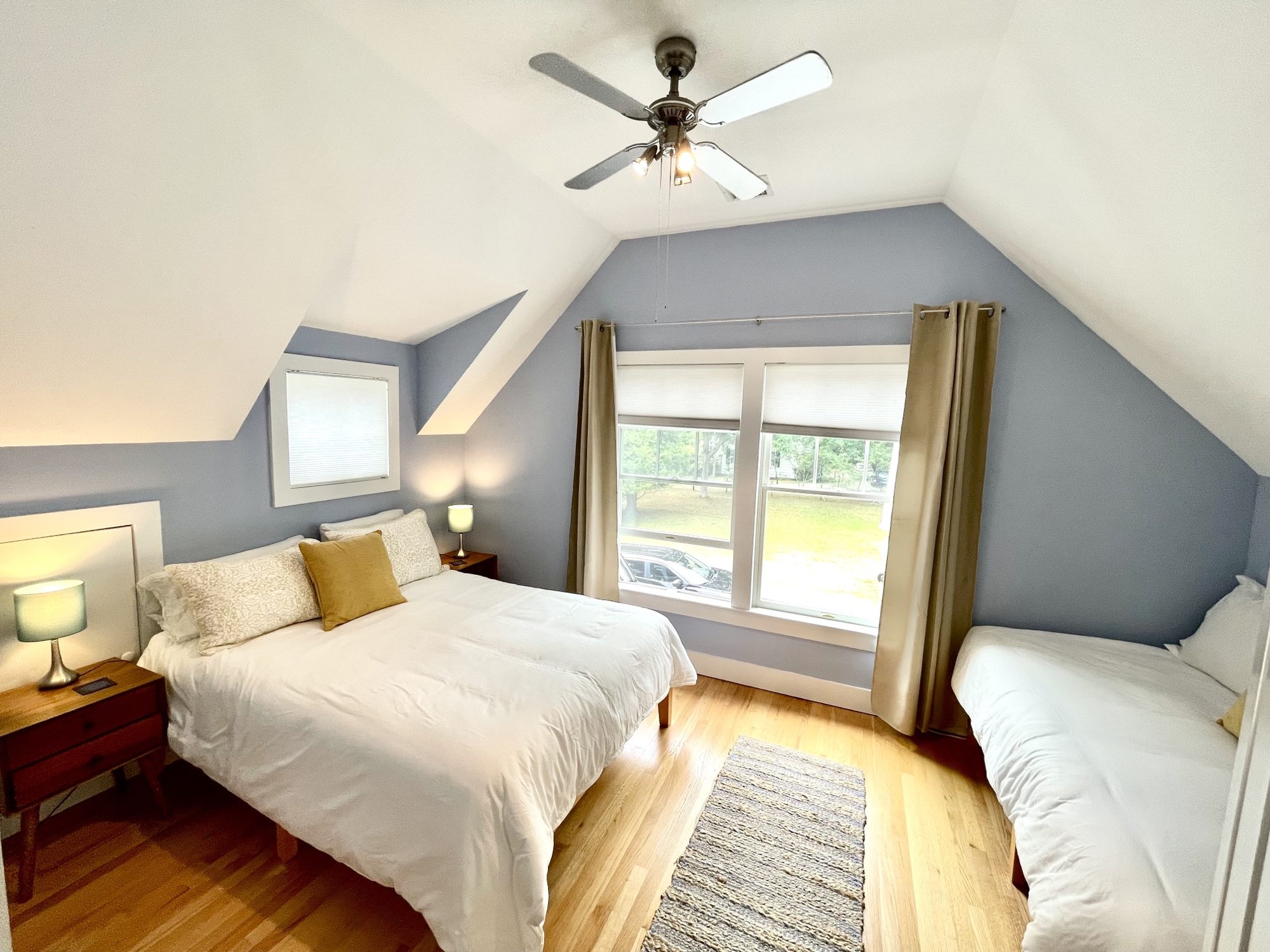 Upstairs: queen and single under the eaves